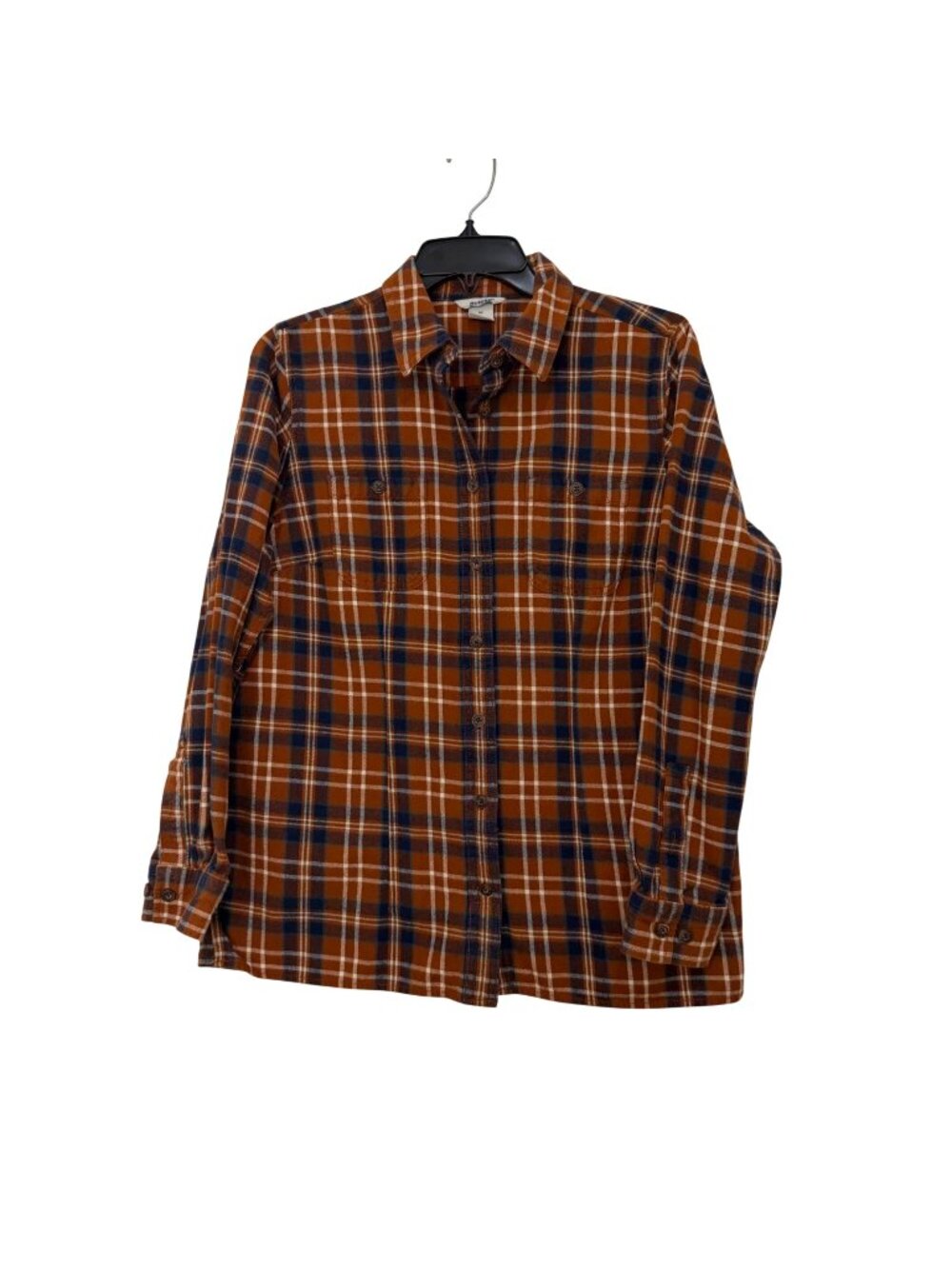 Duluth Trading Co Womens M Button-Up Flannel Shirt Orange/Blue Plaid Long Sleeve